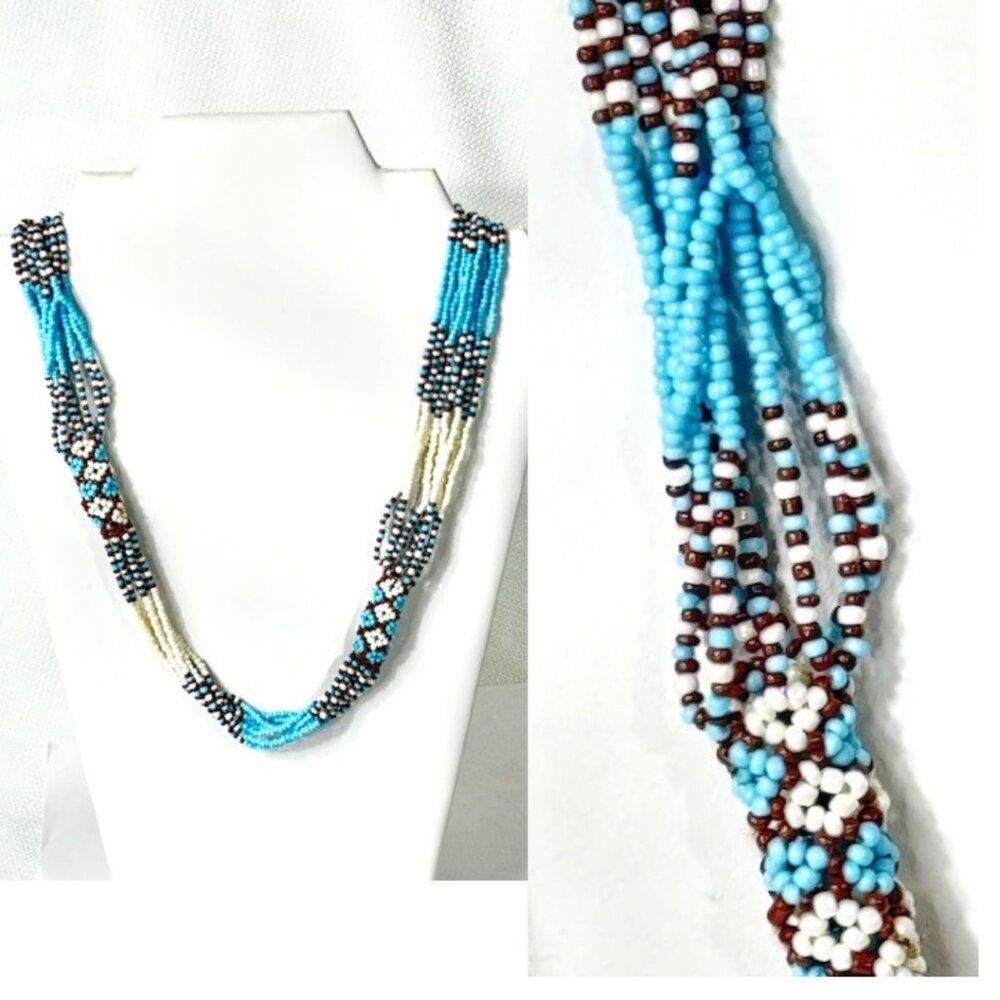 Handmade 9-strand  22" blue, white, brown beaded necklace.